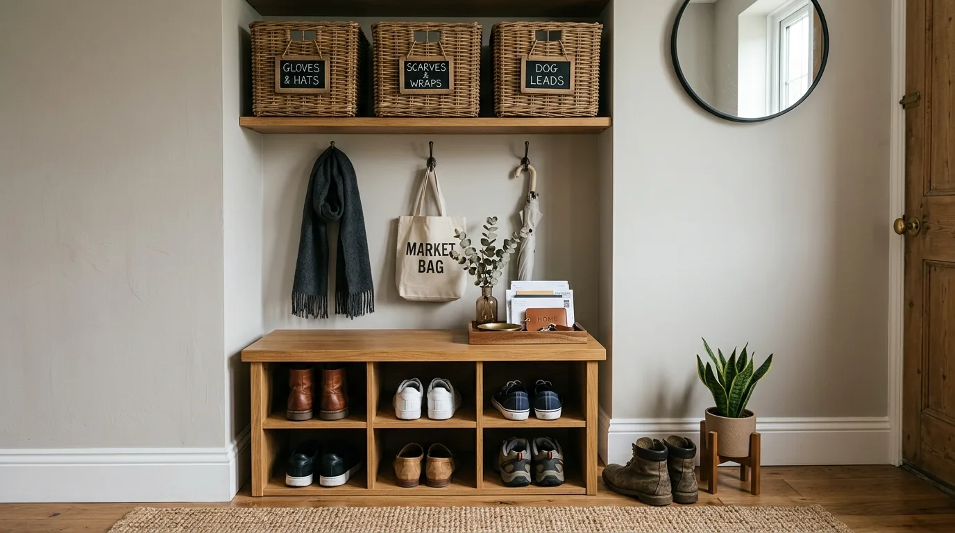Keep shoe storage hidden so the space feels calmer inspiration for a small entryway.